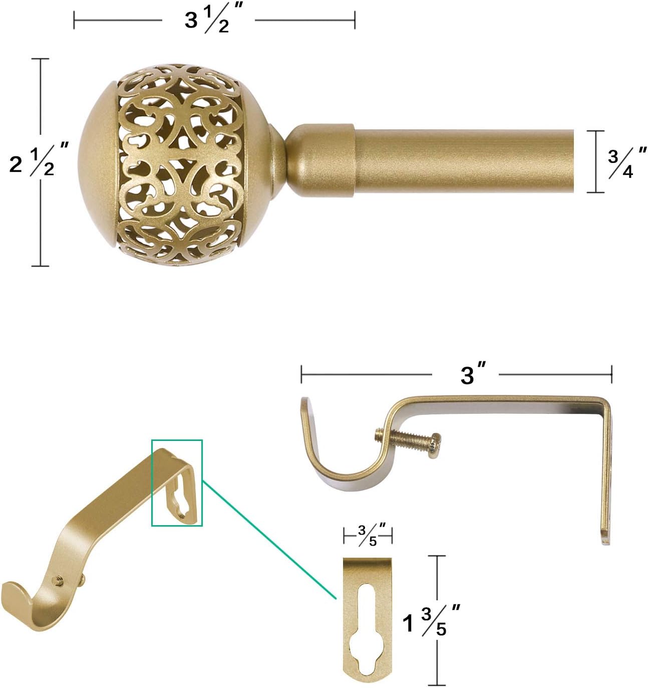 Turquoize 2 Pack Gold Curtain Rods For Windows 28 to 48 inch Adjustable Decorative Single Curtain Rod Gold with with Hollow Ball Finials, 3/4 Inch Diameter, Gold, 28-48, 2 Pack