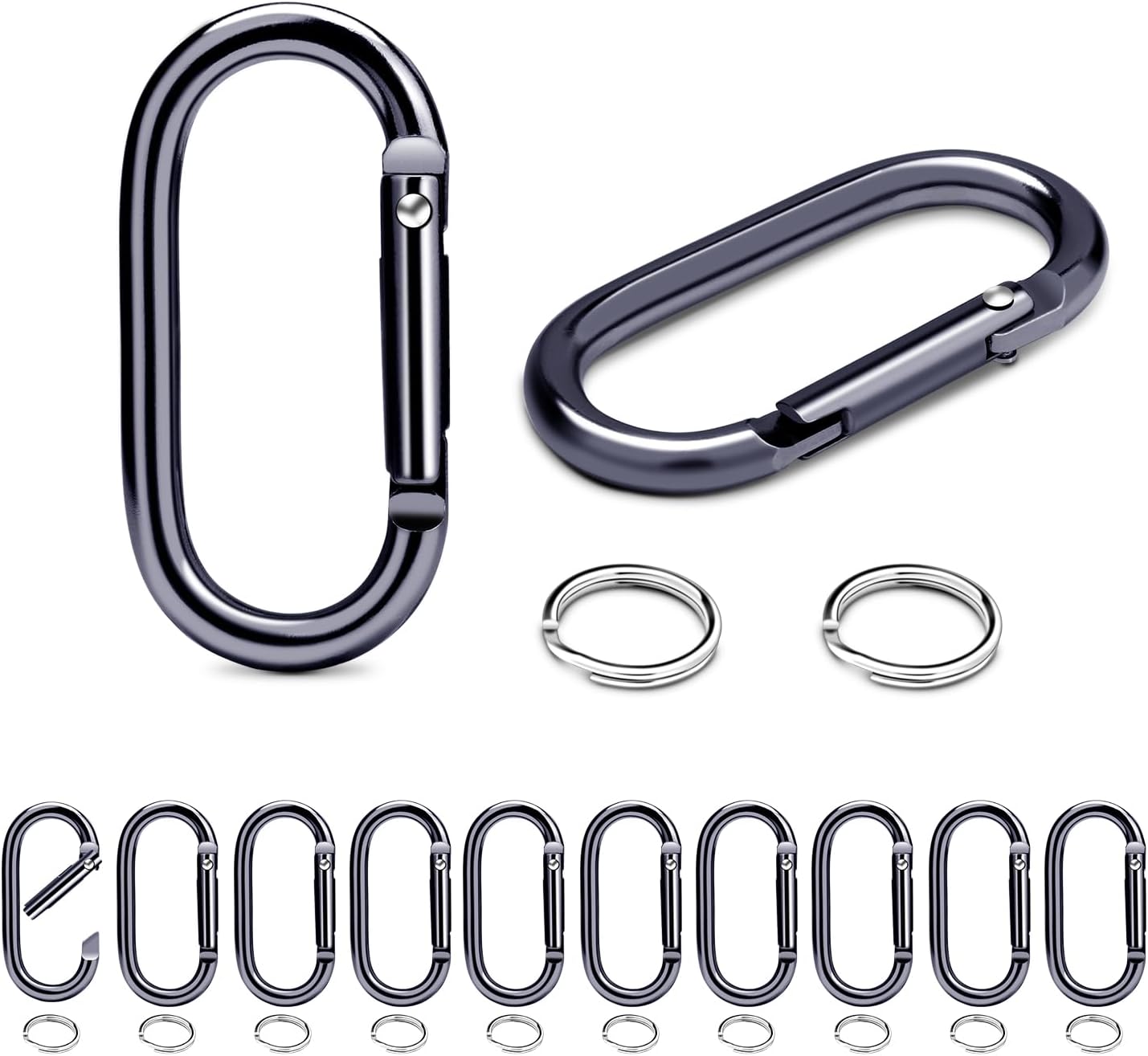 CooBigo 12Set Aluminum Oval Keyrings, 2" Carabiner Keychain Ring Clips, Large Spring Snap Key Hook for Dog Tag Clip, Purse Strap, Home Key, Paracord Lanyard Accessories (GunBlack)