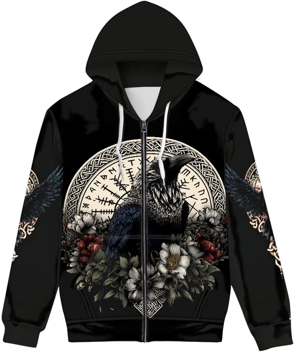 GLUDEAR Men's 3D Graphic Print Full-Zip Mock Neck Sweatshirt Long