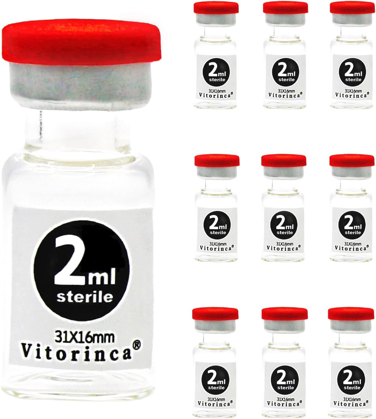 Vitorinca 2ml Sterile Glass Vials, 10 Pack-2ml Sterile Empty Vials, Self-Healing Injection Port and Flip Top Cap, Sterile Packaging