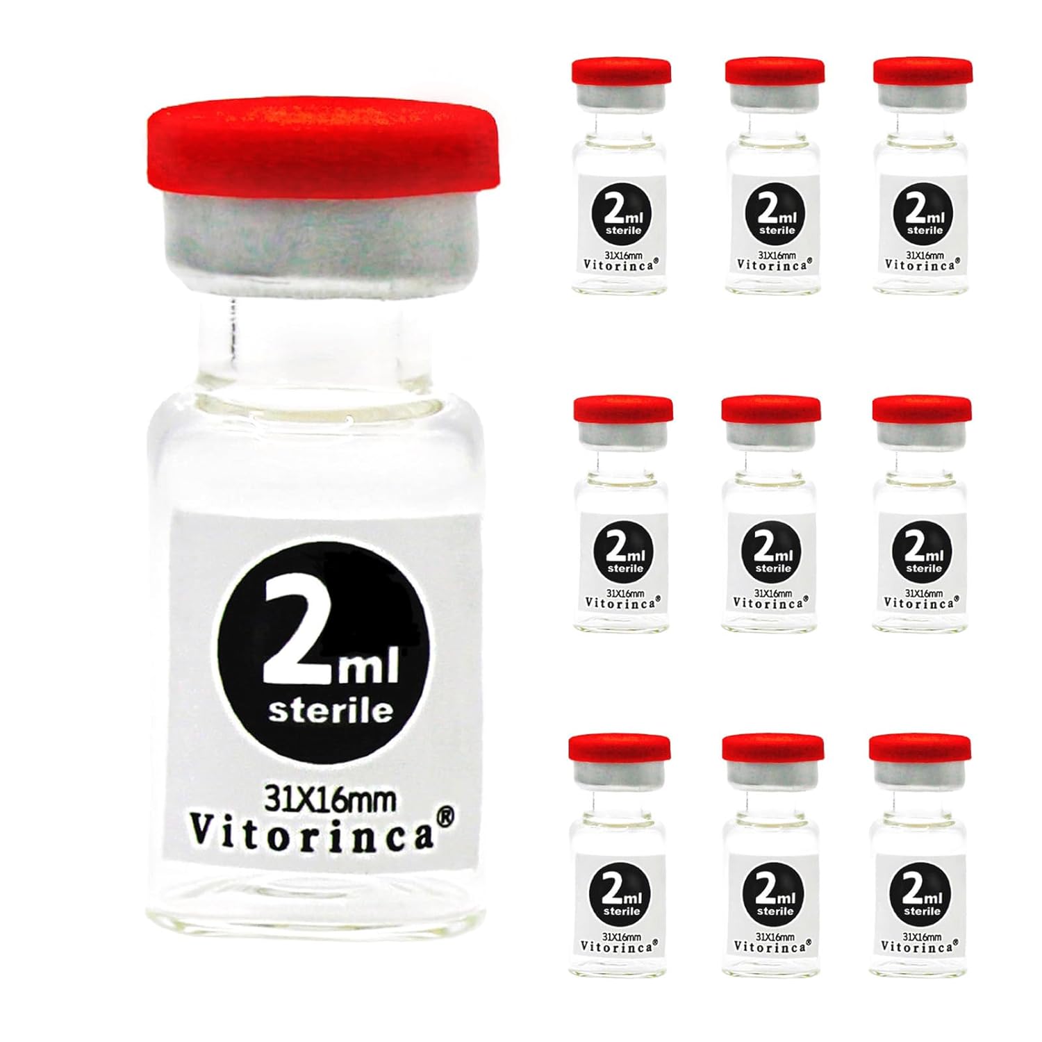 Victorinca 2ml Sterile Glass Vials 10-Pack with Self-Healing Injection Port & Flip Top Cap for Labs