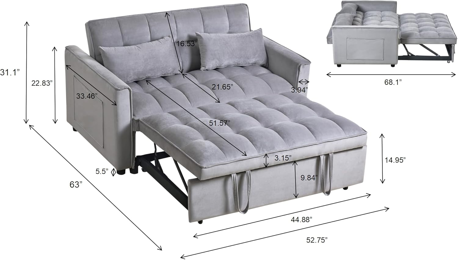 3 in 1 Convertible Sleeper Sofa Bed, Pull Out Couch Loveseat Futon, Adjustable Backrest Velvet Sofa with Pillows and Side Pockets for Living Room Apartment, Light Grey