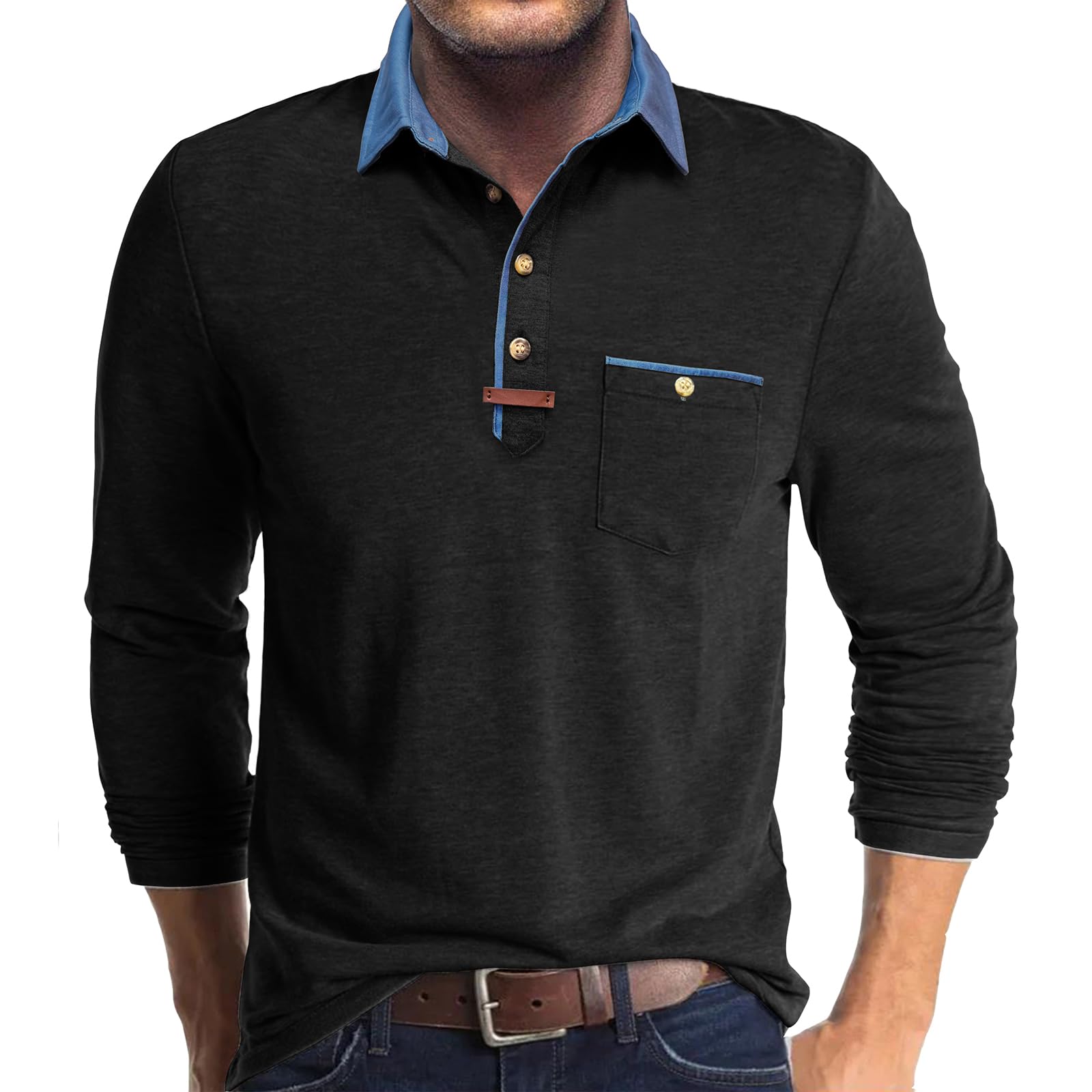Poloshirt Herren Langarm Leichtes Langarmshirt Mit Tasche Polo Klassisches Herbst Winter Kragen Shirts Herren Mit Polokragen Casual Polo Hemd