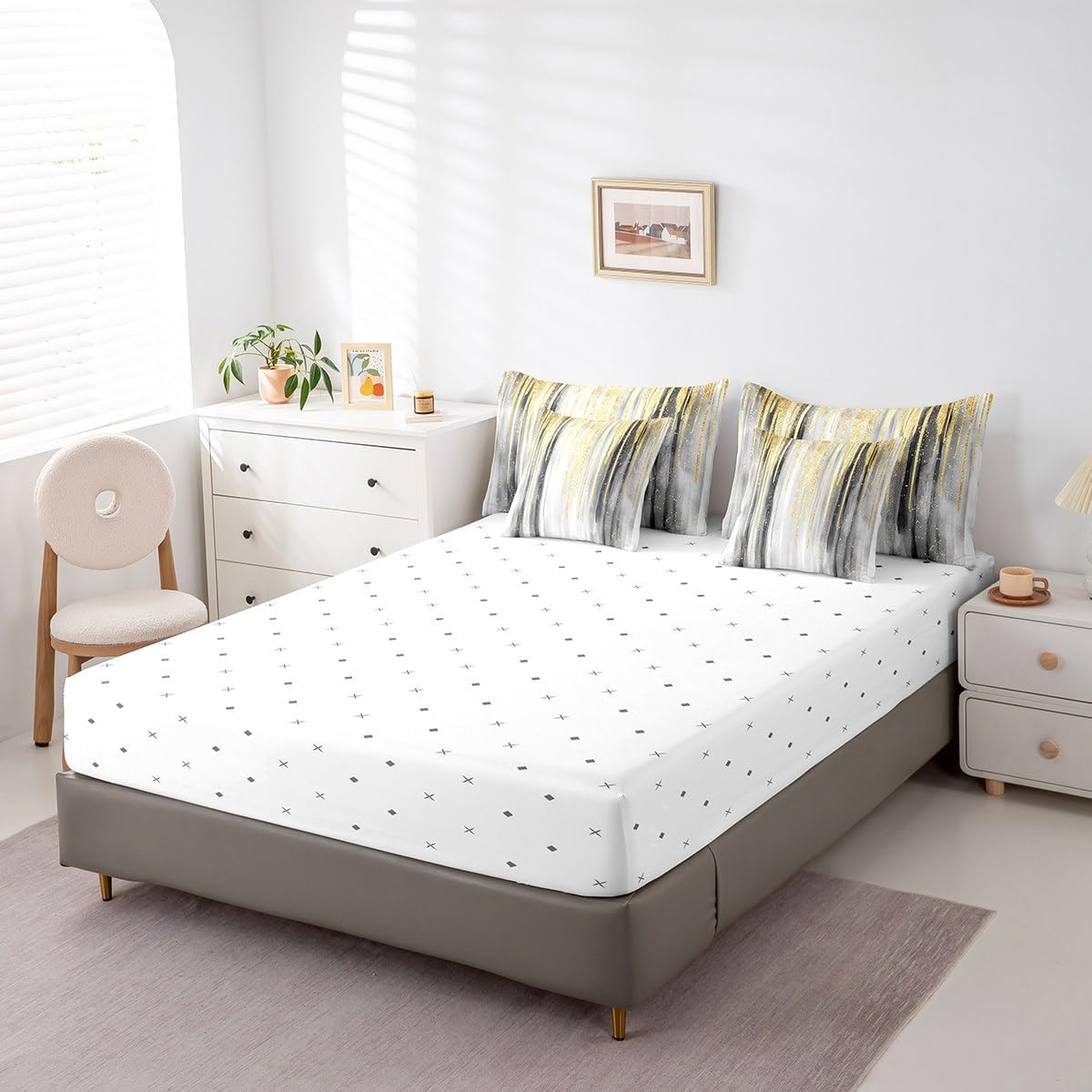 jejeloiu Geometric Comforter Set with Sheets Queen Size Kids Modern Art Bed in a Bag for Boys Girls Teens Yellow Black Grey 7 Pieces Bedding Set