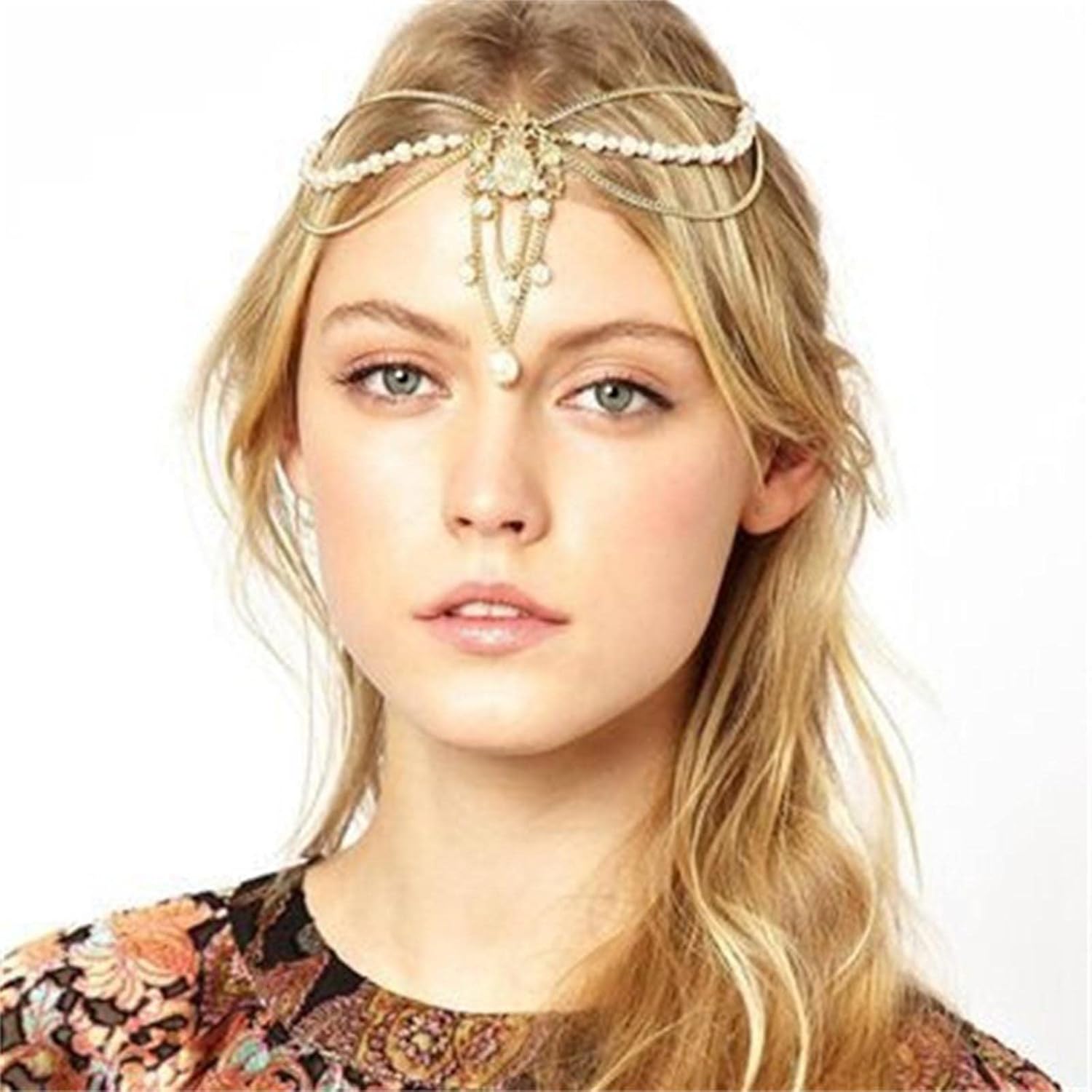 Zeshimb Boho Layered Pearl Head Chain Gold Tassel Hair