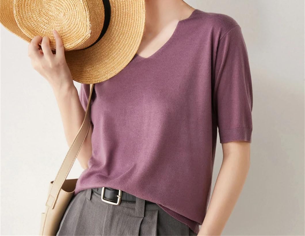 Maglione da donna in lana di cachemire, tinta unita, a maniche corte, con scollo a V, maglia morbida e calda