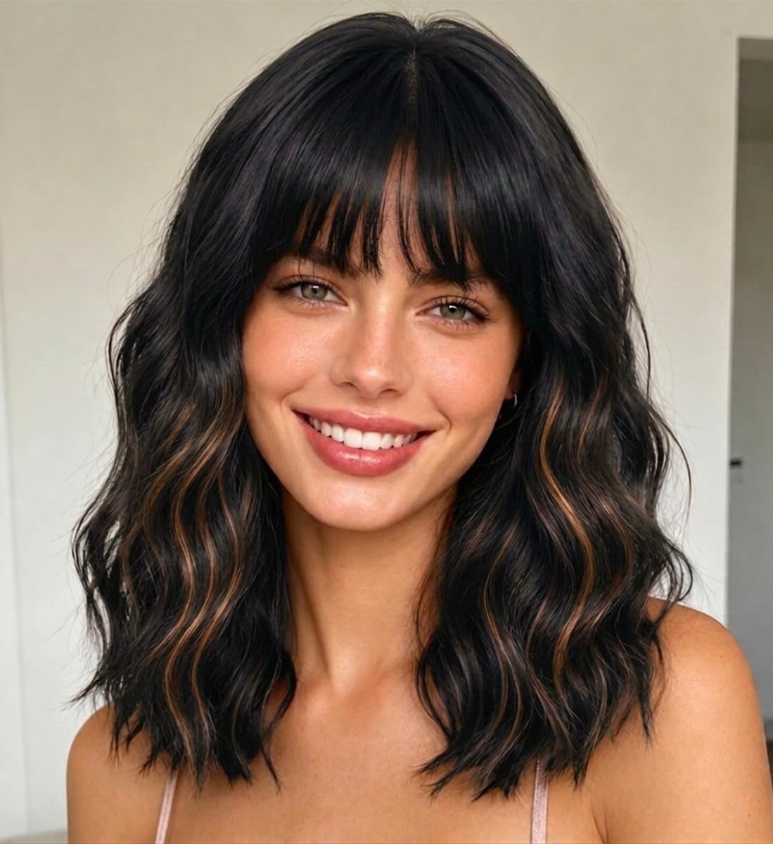 Black Mixed Brown Wigs with Bangs for Black Women,14 Inch Wavy Bob Hair