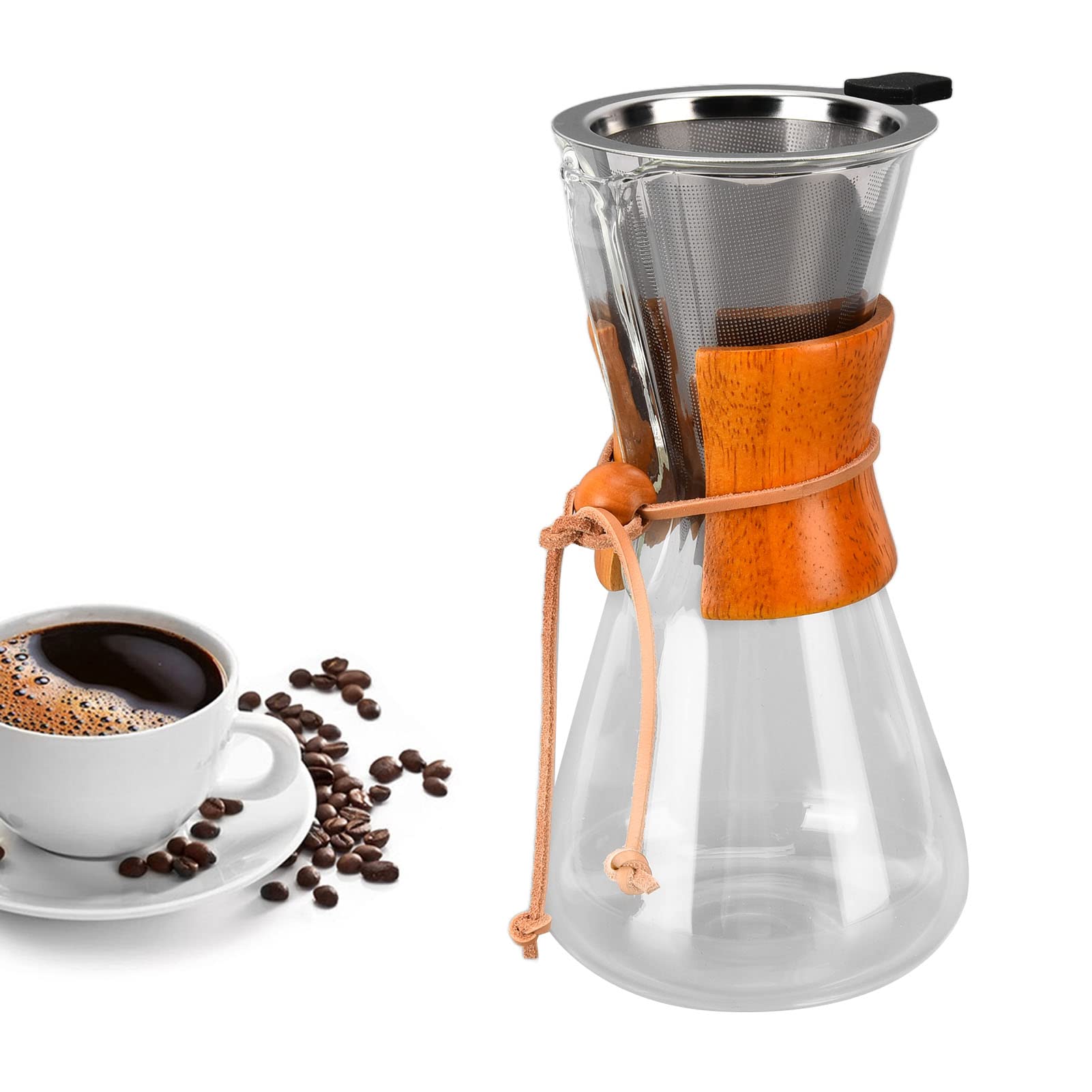 Cafetera de Verter, Cafetera Manual con Gotero de Café de 550 ml con Filtro Permanente de Acero Inoxidable de Doble Capa, Cafetera de Vidrio Resistente Al Calor de Bambú