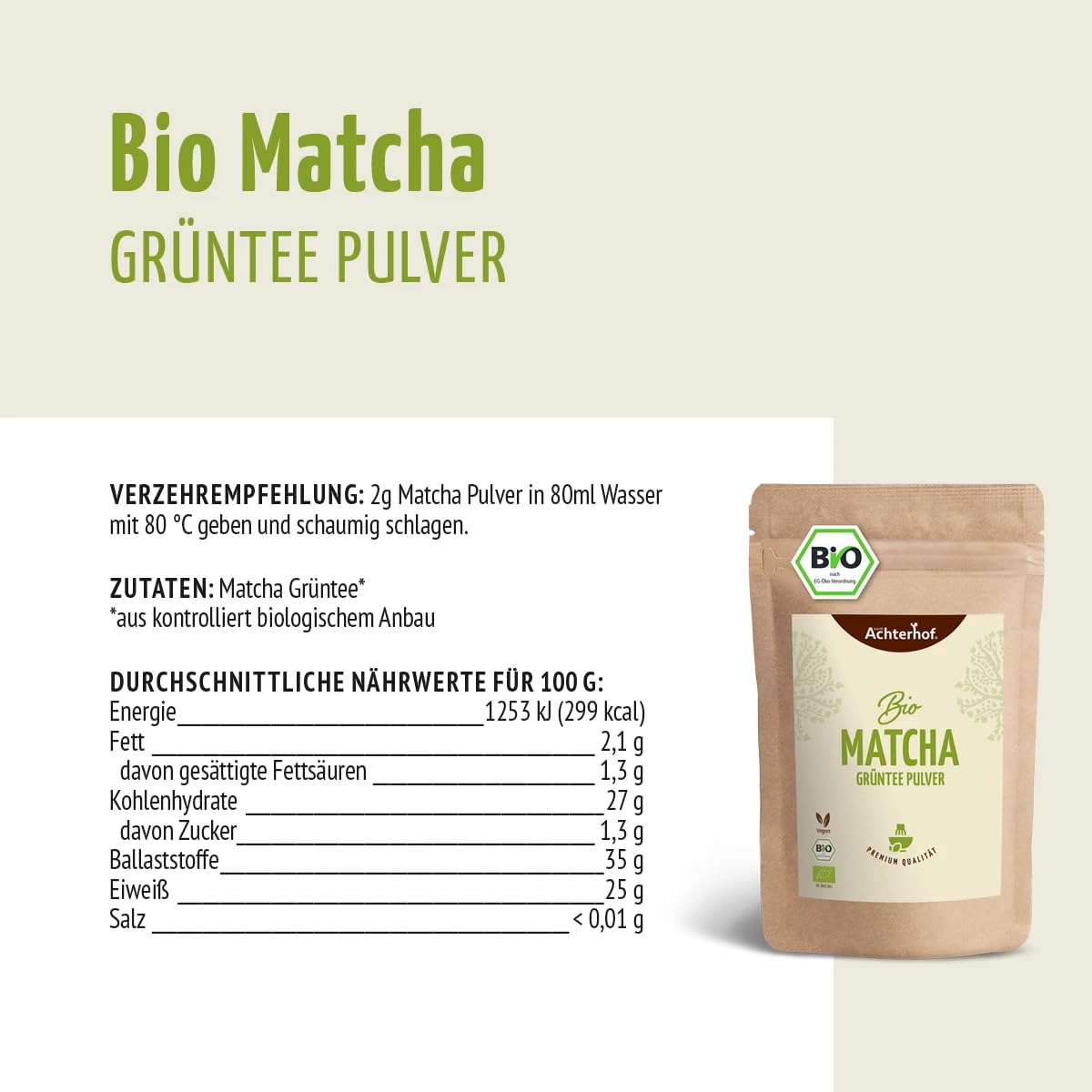 Bio Matcha Grüntee Pulver 250g für Latte oder Tee | Naturrein und Vegan | vom Achterhof