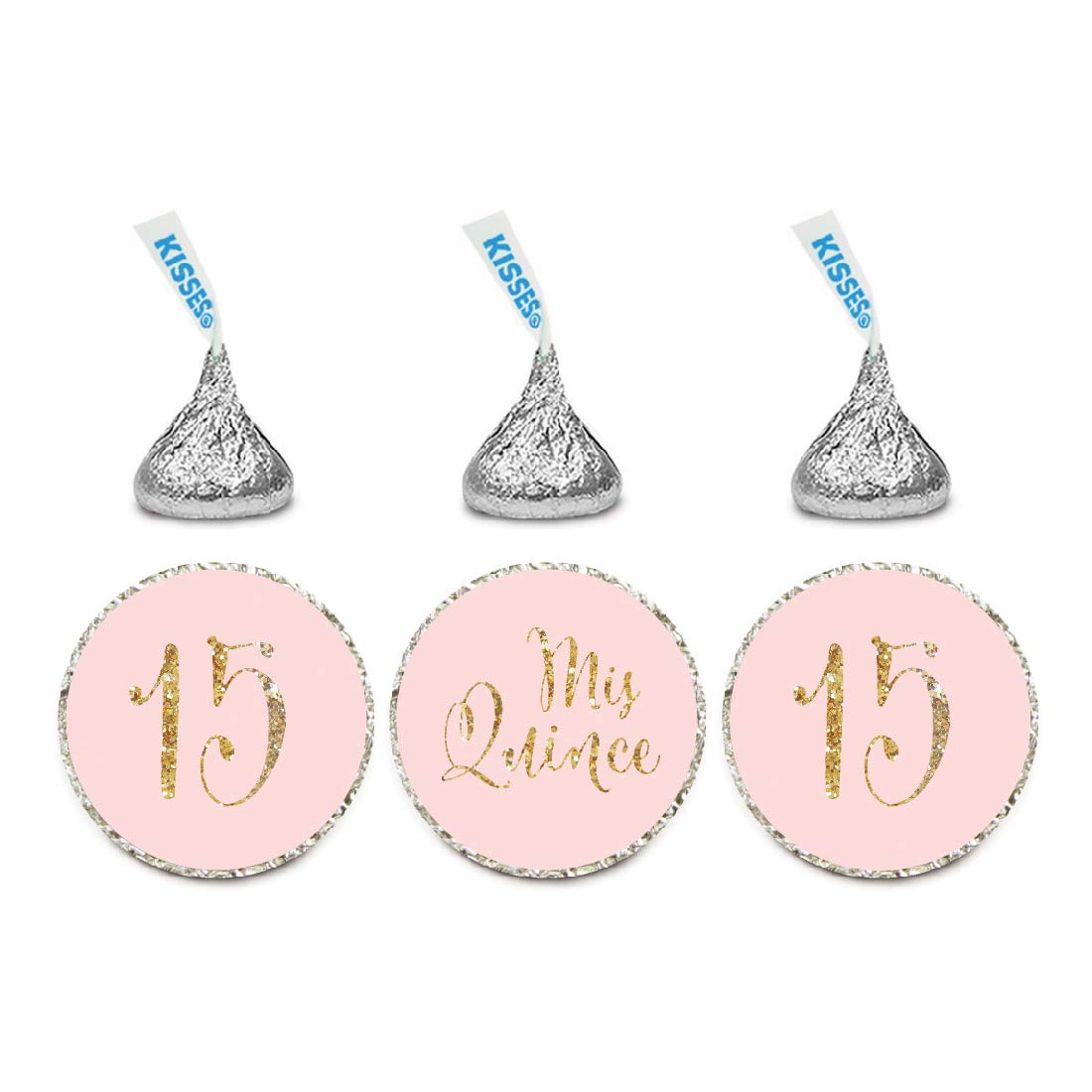 Andaz Press Gold Glitter Print Chocolate Drop Labels Stickers, Mis Quince Sweet 15 Birthday Quinceanera, Blush Pink, 216-Pack, Not Real Glitter, for