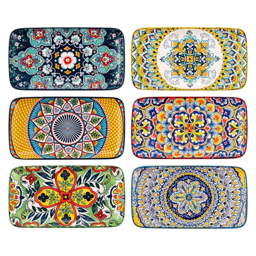 HENXFEN LEAD Platos de porcelana, juego de platos rectangulares pequeños de 8 pulgadas, platos para ensaladas, sushi, entrantes, tartas, diseño floral bohemio en 6 colores vivos