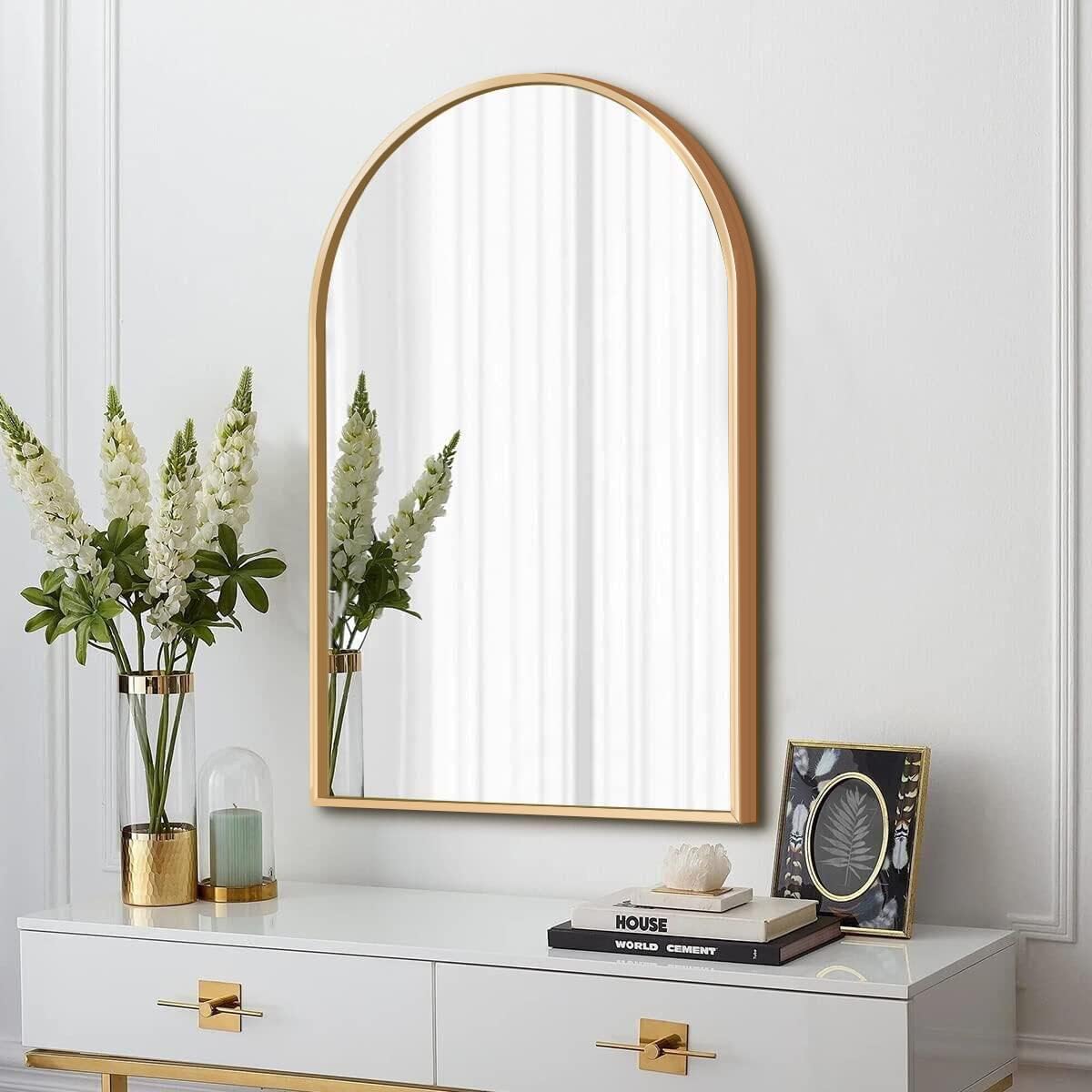 Arched Wall-Mounted Mirror, 24"x36" Arch Bathroom Mirror, Gold Vanity Mirror for Wall Décor, Wall Mirror with Metal Frame for Bedroom, Entryway, Living Room, Brushed Gold Arched-gold 36"L x 24"W
