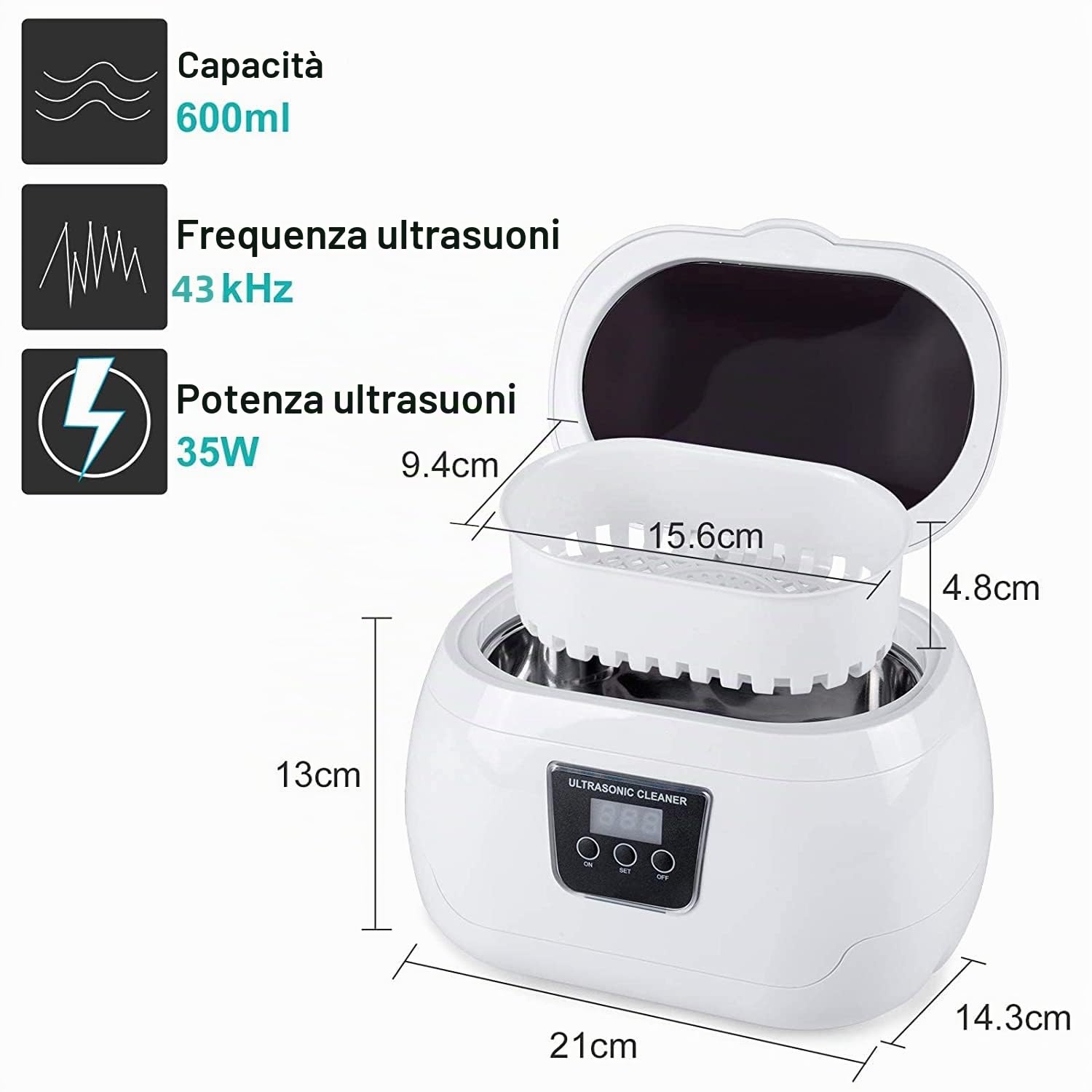 Pulitore Ultrasuoni 600ml, Lavatrice Ultrasuoni Acciaio Inox, Detergente ad Ultrasuoni Portatile per Occhiali Gioielli Orologi