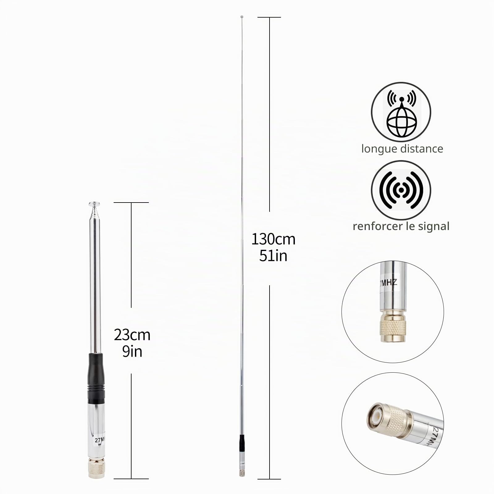 HYS Antenne radio CB 27 MHz, connexion TNC, gain élevé, antenne pop-up télescopique (130 cm) compatible avec President Randy-3, PNI Escort HP 72 Radio portable