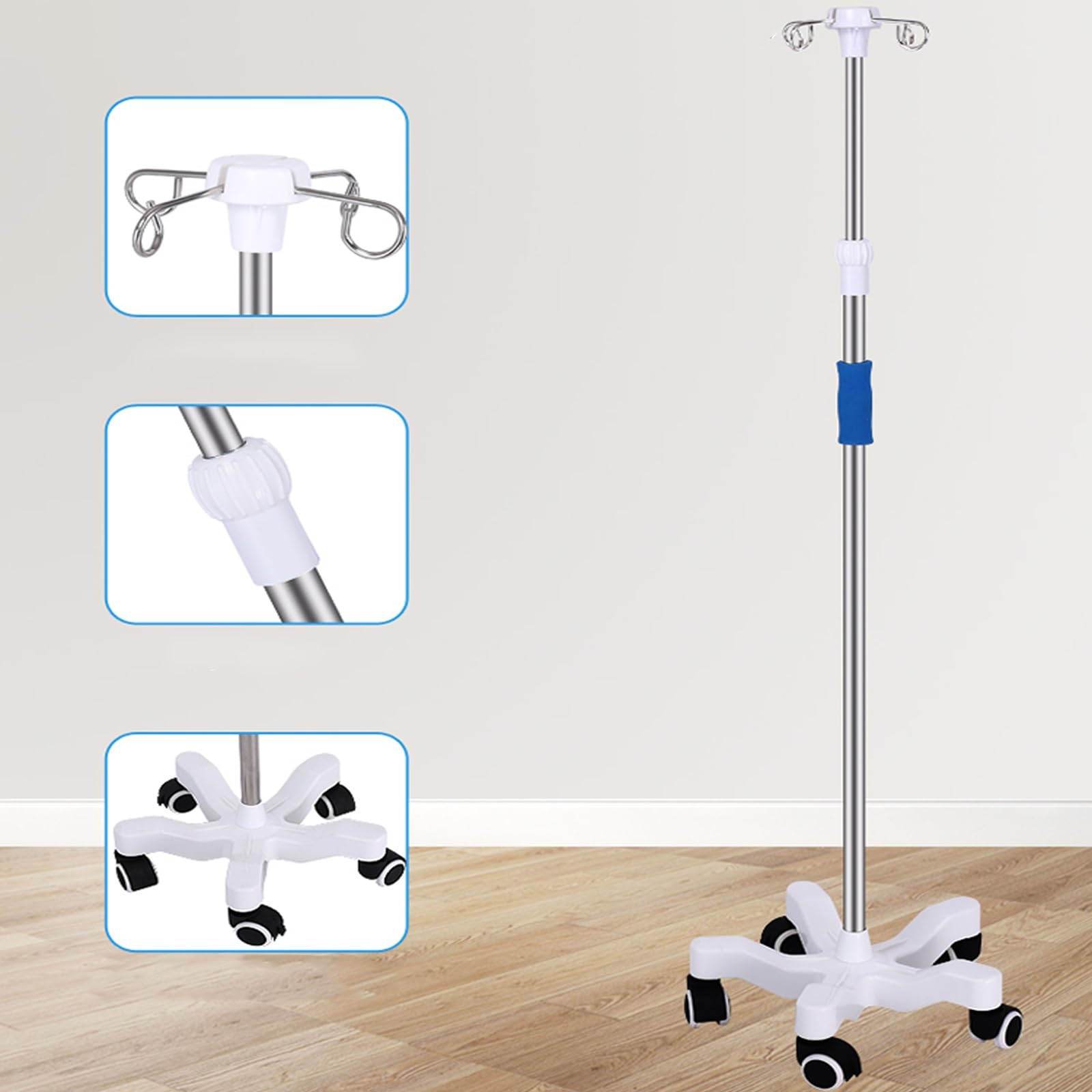 Soporte para Suero Intravenoso 4 Ganchos, 5 Ruedas, Poste Intravenoso Ajustable en Altura para Hospital en Casa(Color:White a)
