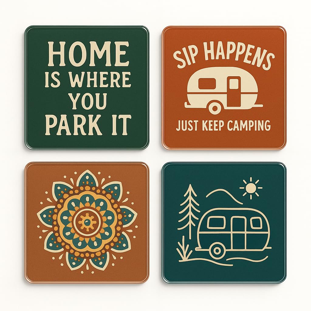 Acrylic Coaster Gift Set of 4 with Campervan Adventure Quotes - Wanderlust Road Trip Decor for Camping Lovers