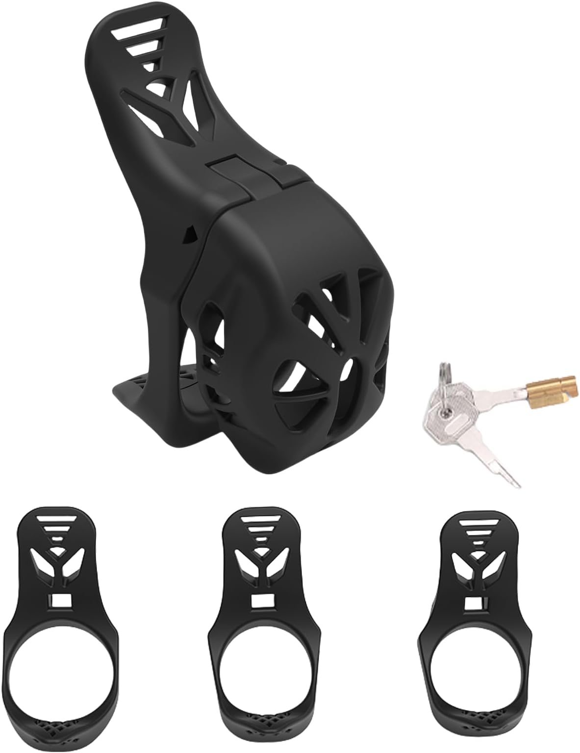 Tail Lock Chastity Device with 3 Different Sized Rings Nylon Hollow Chastity Cage Sex Toys for Male SM Bondage Breathable and Comfortable Large Pee Hole Design (Black,Short)