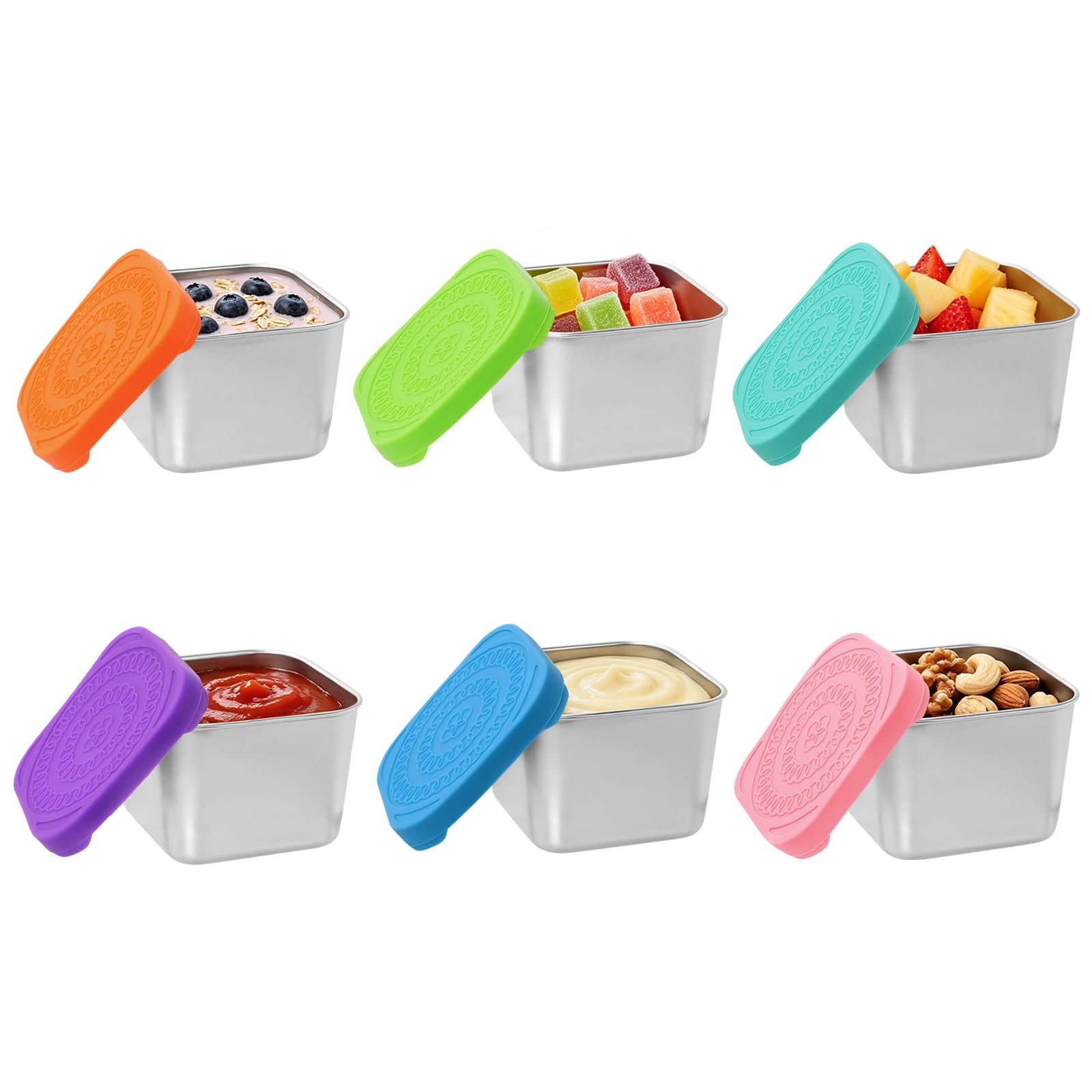 6 Pack Stainless Steel Snack Pots with Silicone Lids -180ml Leakproof Metal Food Storage Containers for Snacks Salad Fruit Yoghurt, Stackable Snack Box for Lunch Boxes, Travel, Meal Prep, Kitchen