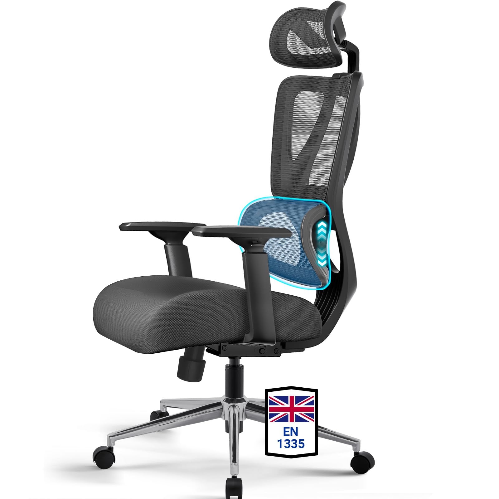 MELOKEA Ergonomic Office Chair with 6D Domino Adjustable Lumbar Support and Spring Cushion Seat, 6D Armrests, 3-Position Tilt Lock, High Back Swivel Mesh Computer Desk Gaming Chair, EN12520