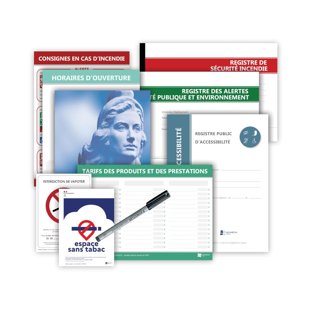 Pack de mise en conformité Établissement recevant du public (ERP) - 6 Affichages et 3 Registres obligatoires avec 1 stylo-feutre offert - Édition 2025 - Kit de fixation inclus - Fabriqués en France