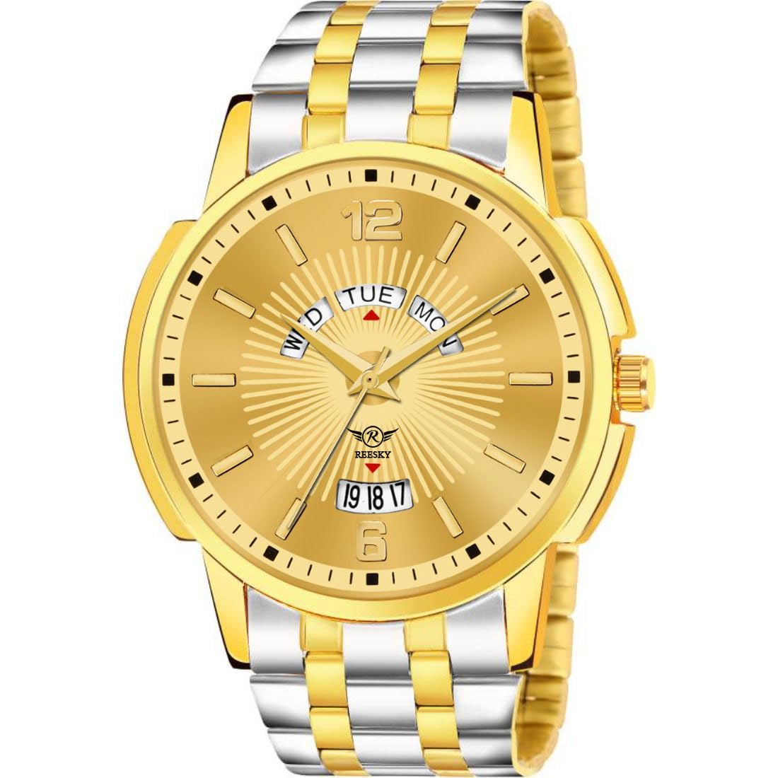 REESKY Quartz Analog Watch for Men, Day & Date Functioning, Gold Plated Adjustable Bracelet (Gold) (B0DH3MMNLJ) Amazon Price History, Amazon Price Tracker