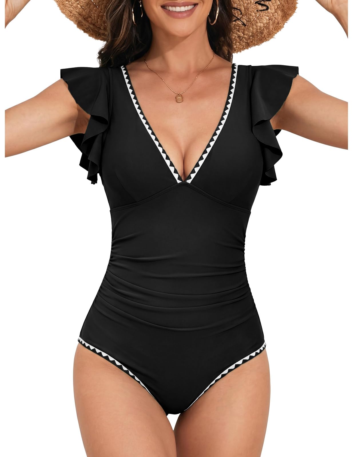 Nadeer Bañadores Mujer Reductores Trajes de Baño Una Pieza Push Up Sexy Cuello en V sin Espalda Monokini Manga con Volantes Ropa de Baño para Piscinas de Playa