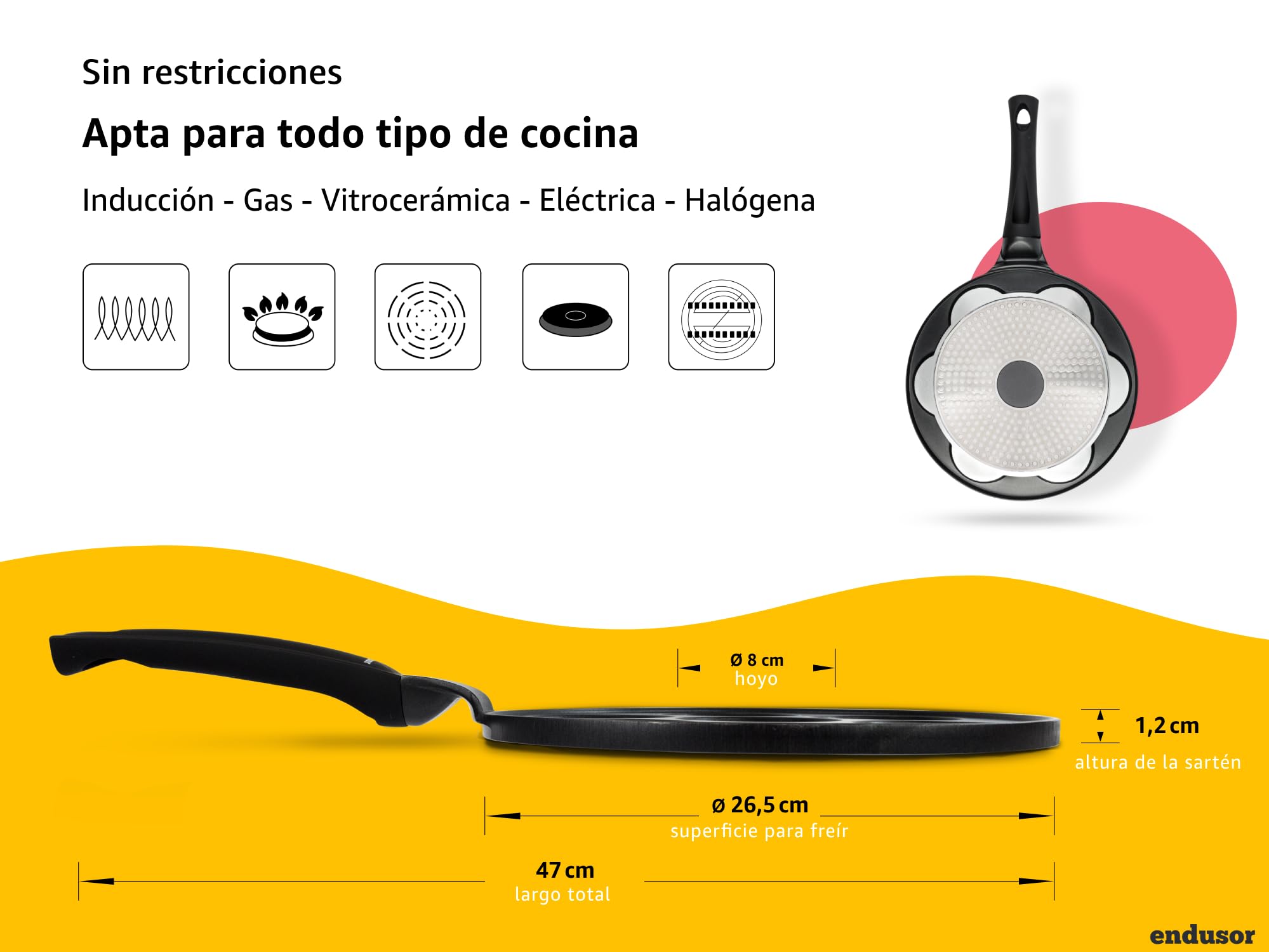 endusor sartén tortitas y pancakes | Sarten de 26cm de diametro con 7 hoyos y protección antiadherente | Todo Tipo de Cocinas e Inducción | Sartén divida para huevos fritos panqueques trotillas