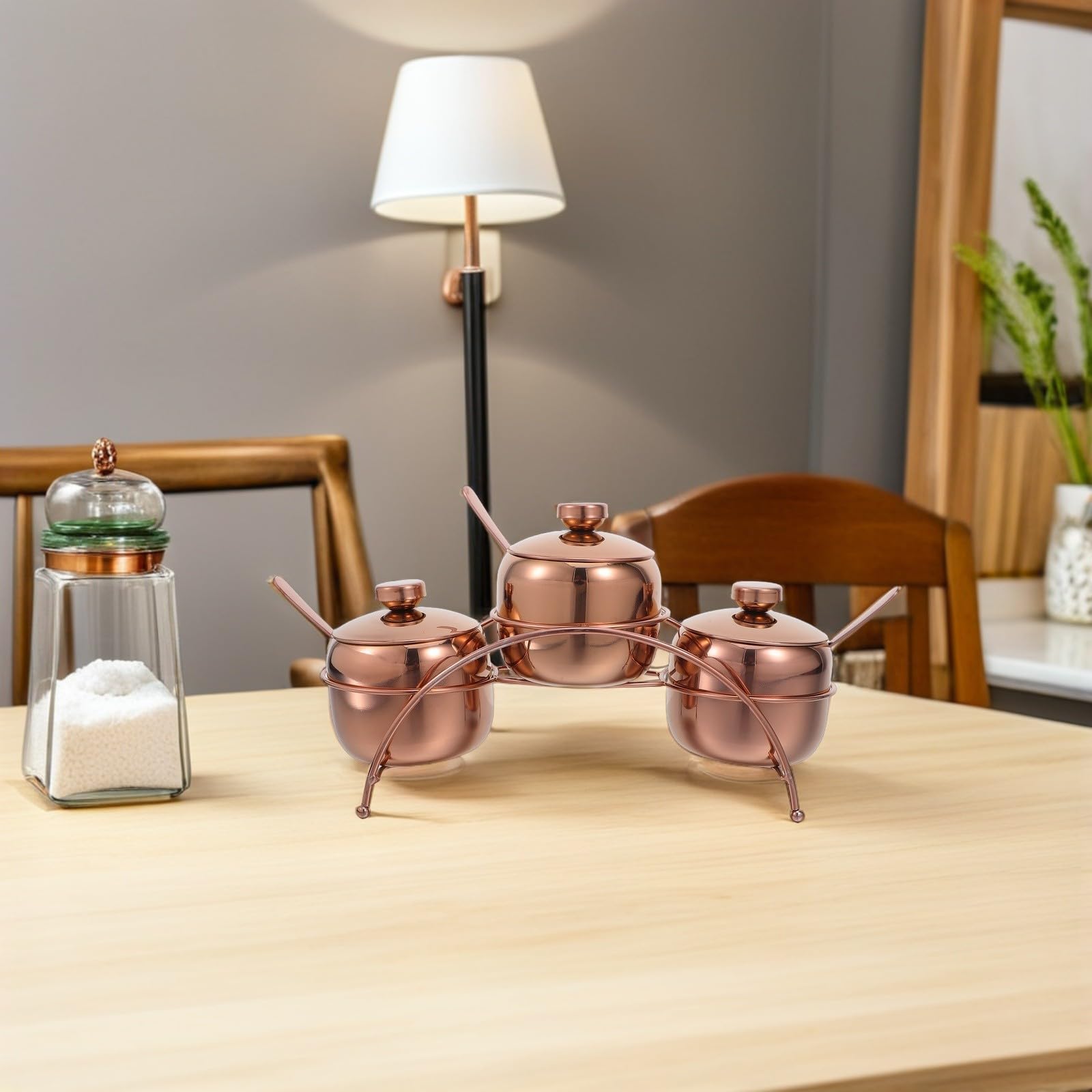 Juego de Recipientes para Condimentos de Acero Inoxidable con Tapa y Cuchara, Organizador de Especias con Bandeja Escalonada y Soporte Metálico para Barbacoas y Cocina