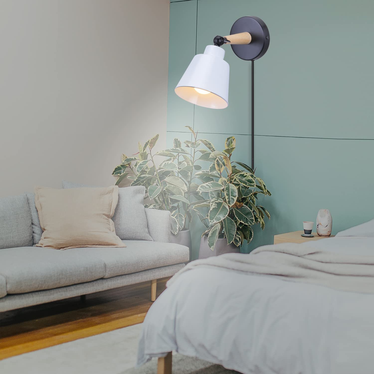 TOKIUS 2 stuks wandlampen, moderne wandlamp van metaal en hout, decoratief, E27 fitting, verstelbare wandverlichting voor binnen, wandlamp voor slaapkamer, woonkamer, gang (grijs