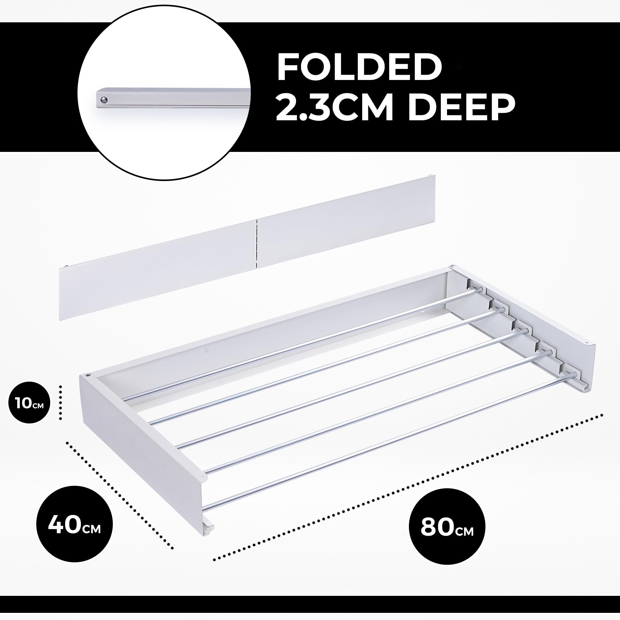 Vonia Tendedero Extensible de Pared 80 x 40 cm - Tendedero Plegable con 4 m de Secado y Carga de 25 kg - Tendedero Retráctil para Interior y Exterior - Aluminio - Blanco