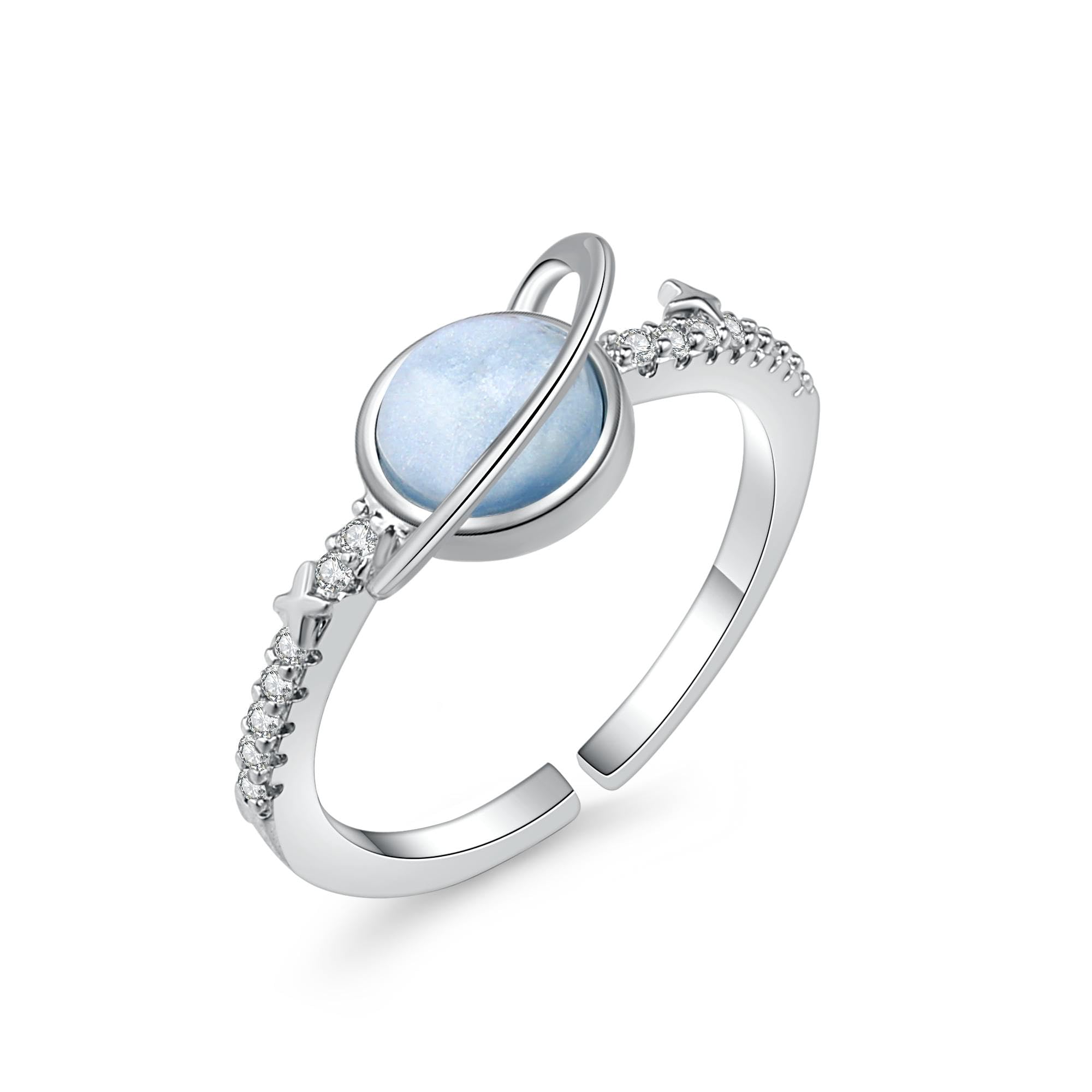 TGDSVAdjustable Moonstone Rings For Women Dainty Saturn Ring 925 Sterling Silver Rings Jewelry, Silver, Moonstone