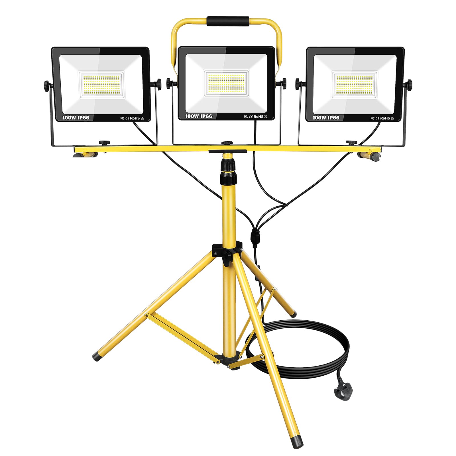 PICAA LED Baustrahler mit Stativ 3x 100W(300W) Kaltweiß Bauscheinwerfer, LED Fluter Arbeitsscheinwerfer Wasserdicht IP66 für Garage, Garten, Baustelle