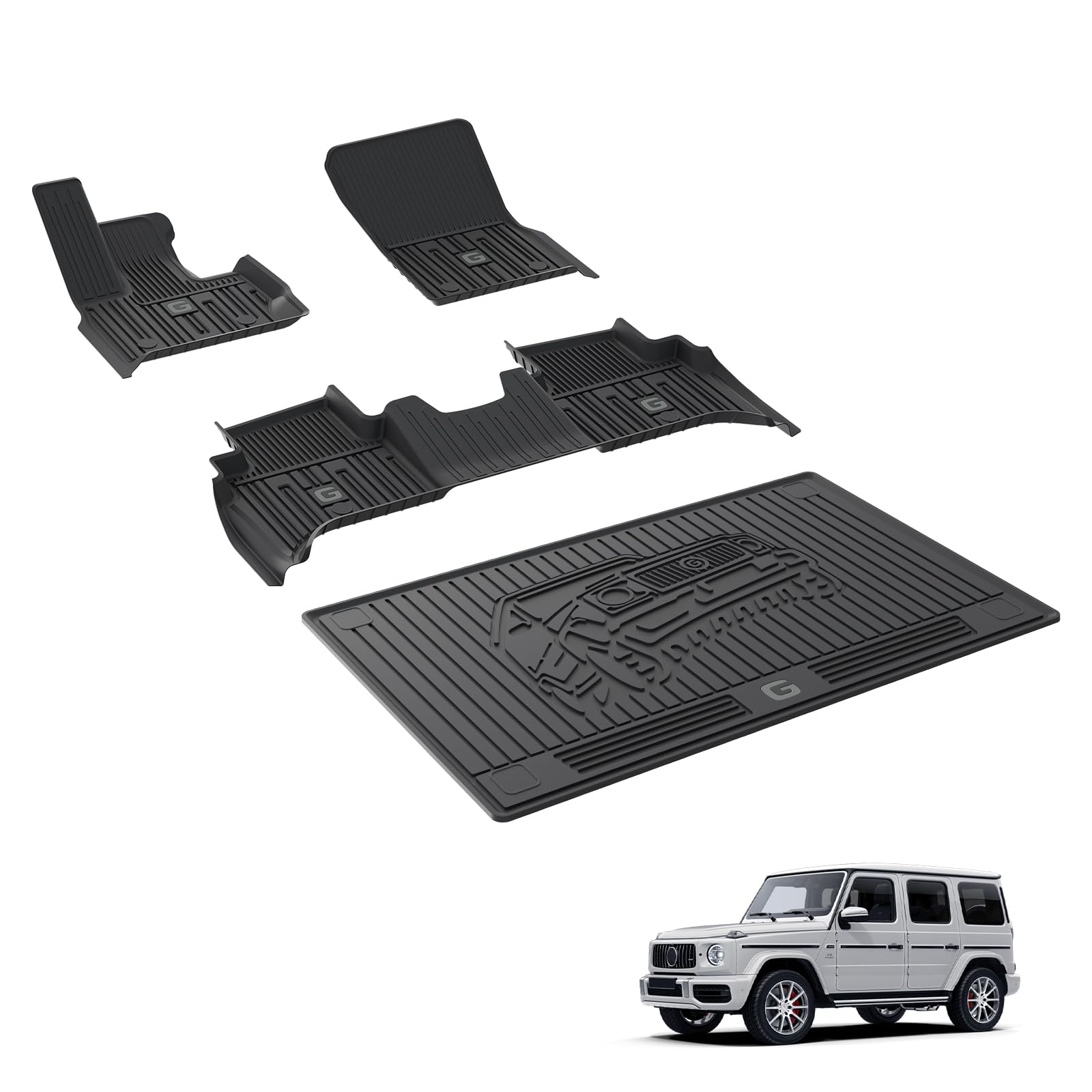 3W Fußmatten und Kofferraumwanne für 2020-2026 Mercedes Benz G Klasse W463/W465/G500/G550/AMG G63 SUV (Nicht für Station Wagon), TPE Allwetter Fußmatten und Kofferraummatten Autofußmatten Zubehör