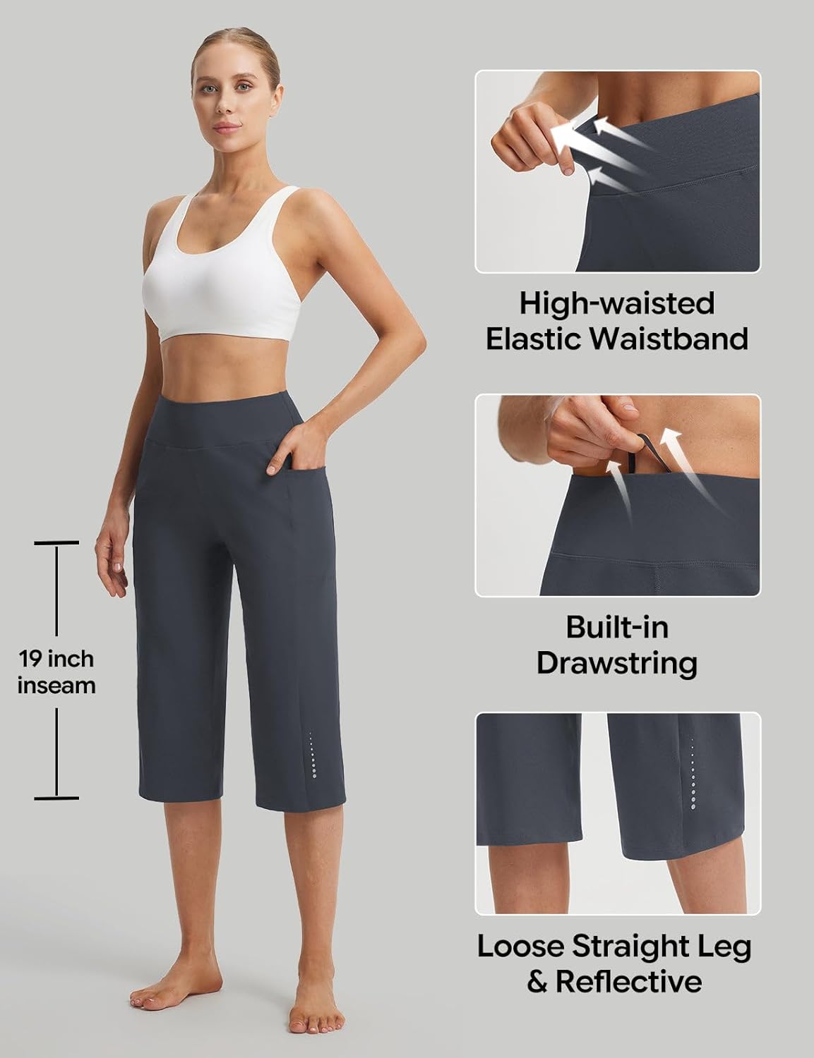 baleaf Capri Pants for Women with Pockets High Waist Yoga Dress Cropped Pants Loose Wide Leg for Casual Summer - Image 7