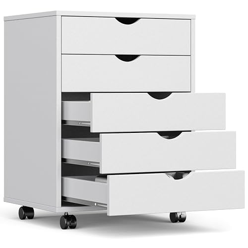 OLIXIS 5 Drawer File Cabinet on Wheels, Printer Stand | Fits Under Desks, Wood Storage Organization Holds Printer, Office Supplies, Not For Hanging Files, For Home Office Use White