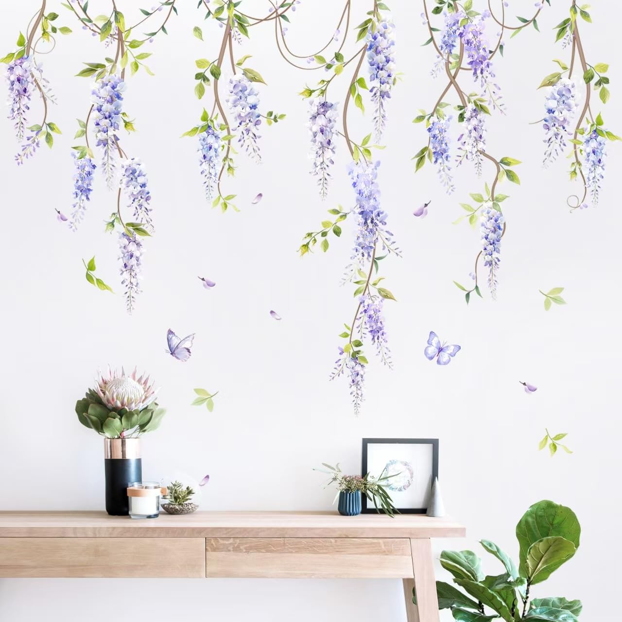 Supzone Purple Flower Wall Stickers, Hanging Wisteria Floral Green Leaves Boho Spring Summer Wall Decals Peel And Stick Wall Art Decor For Living Room - View #11