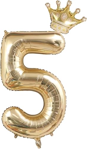 Globos de oro blanco con el número 5 de 40 pulgadas con corona, decoraciones de fiesta de cumpleaños número 5. (5)