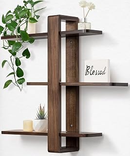 SUMGAR 3-Tier Walnut Floating Wall Shelves - Adjustable Pine Wood Mounted Storage for Living Room, Bedroom, Plants, Photos - Mid-Century Modern Decor