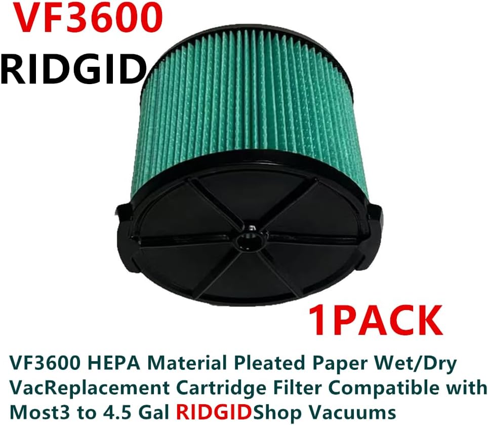 1 PACK brikiwee VF3600 HEPA Material Pleated Paper Wet/Dry Vac Replacement Cartridge Filter Compatible with Most 3 to 4.5 Gal Shop Vacuums