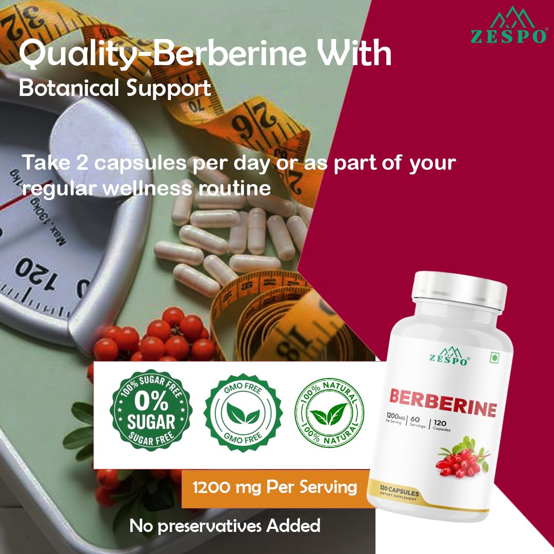 Zespo Berberine HCl 1200mg per Serving with Milk Thistle, Turmeric, Ceylon Cinnamon & Black Pepper | Metabolism & Digestive Wellness Support | Vegan, Non-GMO | 120 Capsules 4