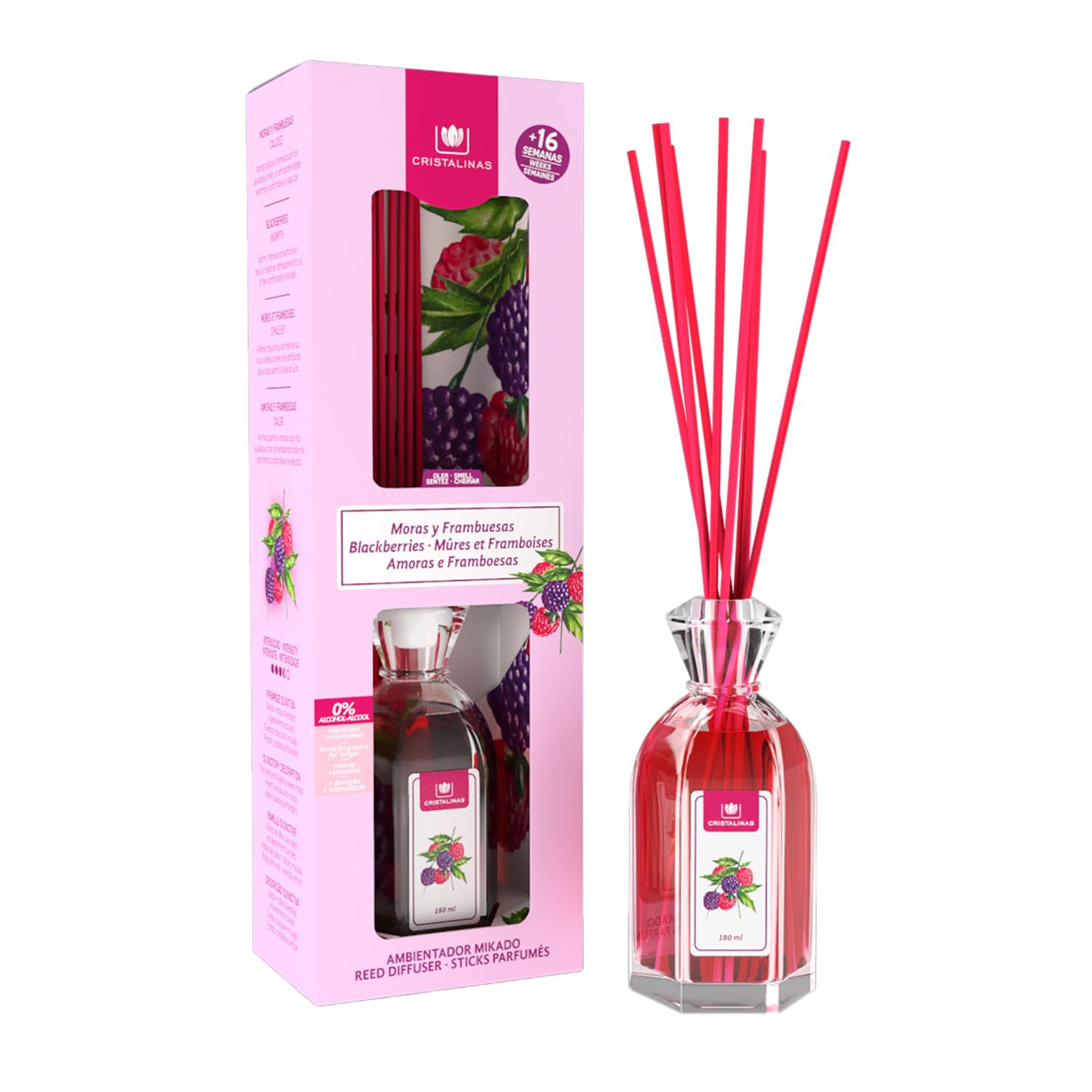 CRISTALINAS | Pack Ambientadores | Aroma Moras y Frambuesas | Mikado 180ml | Mikado 90ml | Mikado 35ml | Ambientador para coche 6ml (Moras y Frambuesas)