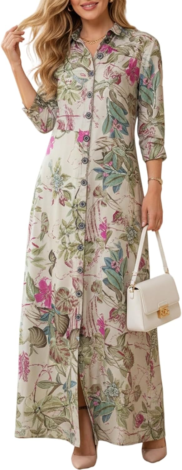 Women's Casual Boho Maxi Shirt Dress Long Sleeve Button Down Floral Patchwork Loose Fit Long Dress with Pockets
