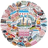64PCS Chicago Stickers – Windy City Vinyl Decals for Laptop, Water Bottle, Scrapbook, Luggage – Chicago Flag, Food, City Symbols – Waterproof Sticker