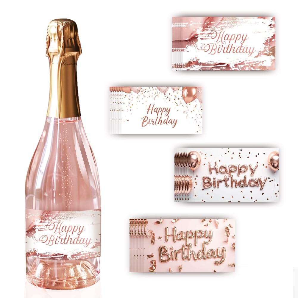 PH PandaHall 40pz Etichette per Bottiglie di Vino Adesivi per Bottiglie di Vino Happy Birthday, 4 Stili Adesivo Etichetta Vino Adesivo Rosa Dorato per Cocktail Anniversario, 9x5cm