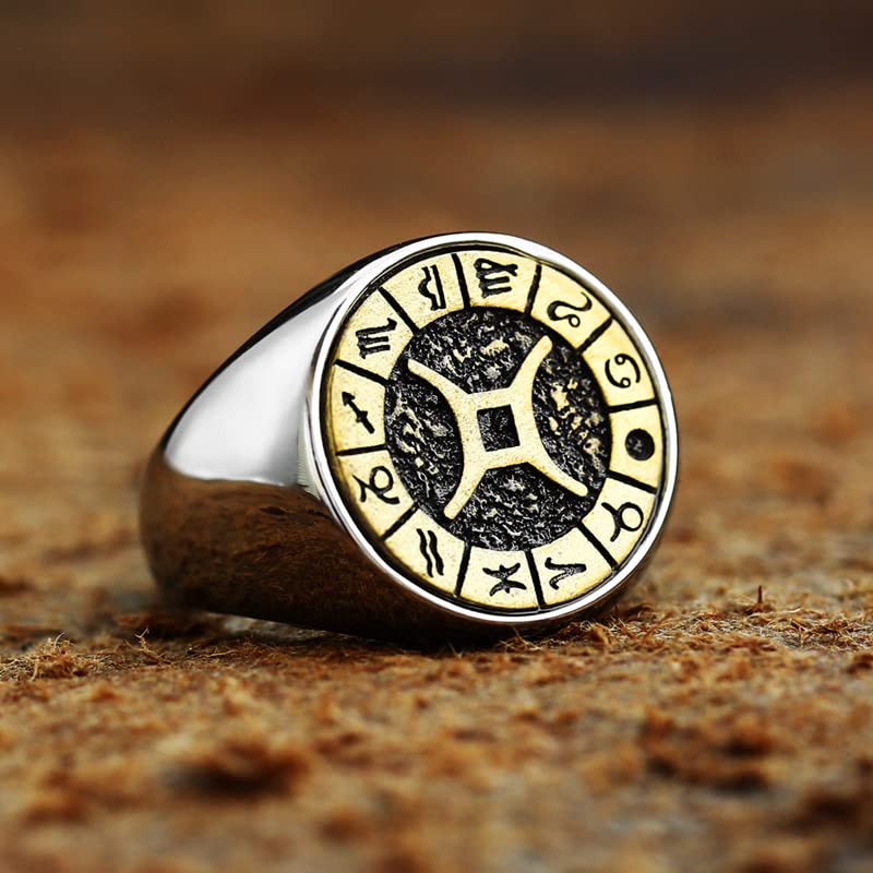 Image of Unisex 12 Constellation Zodiac Sign Signet Ring | Stainless Steel, Hip Hop Sign Signet, Horoscope Astrology Jewelry, Birthday Gift