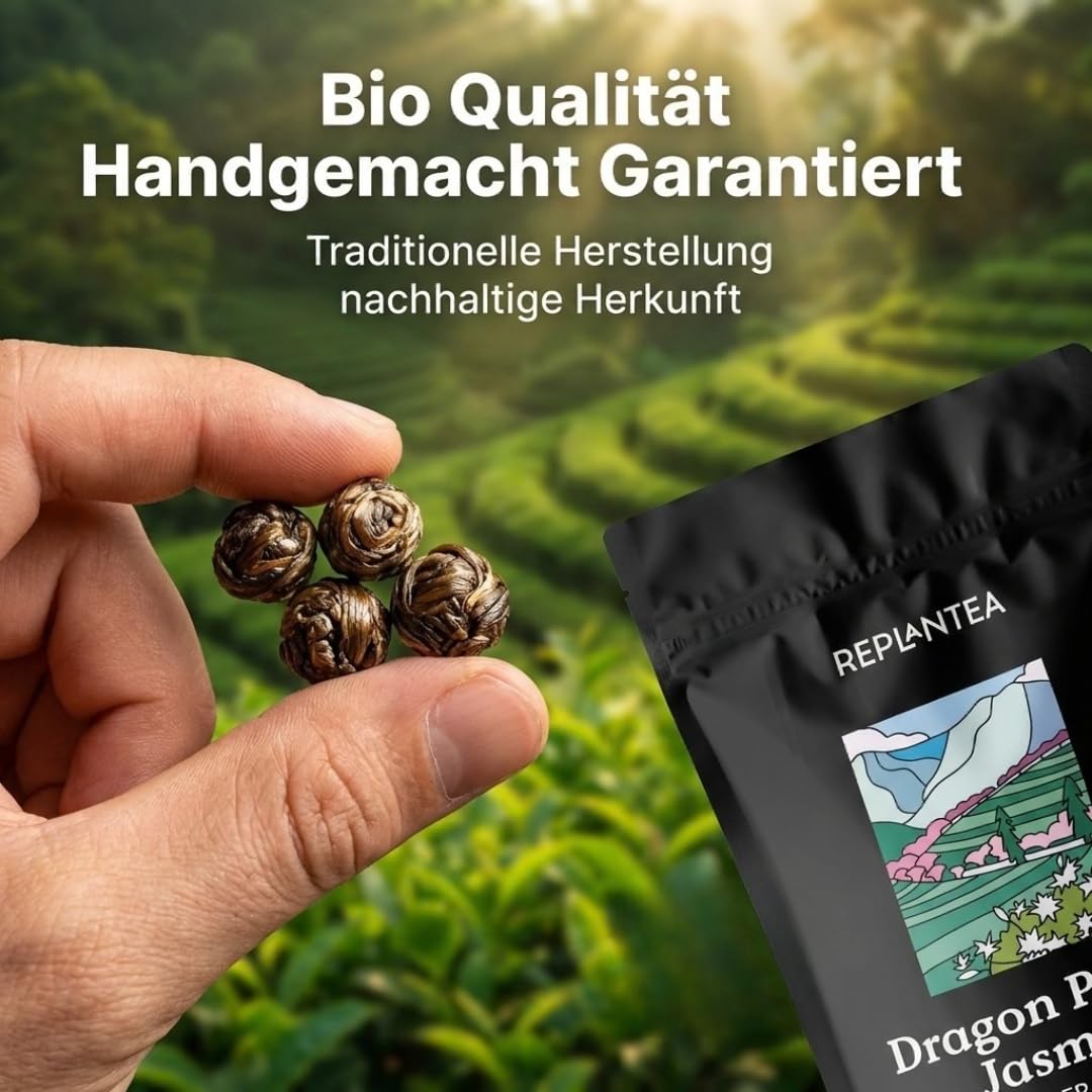 Bio Jasmin Dragon Pearls Tee (100g) | Premium Grüner Tee lose als von Hand gerollte Jasminperlen | Zart-blumige Teespezialität | REPLANTEA (Packung mit 2)