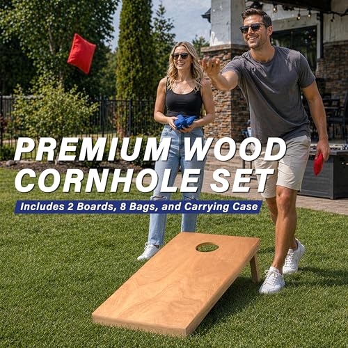 Image of GoSports 4 ft x 2 ft Regulation Size Wooden Cornhole Boards Set with Light Brown Finish - Includes Carrying Case (Choose Your Colors)