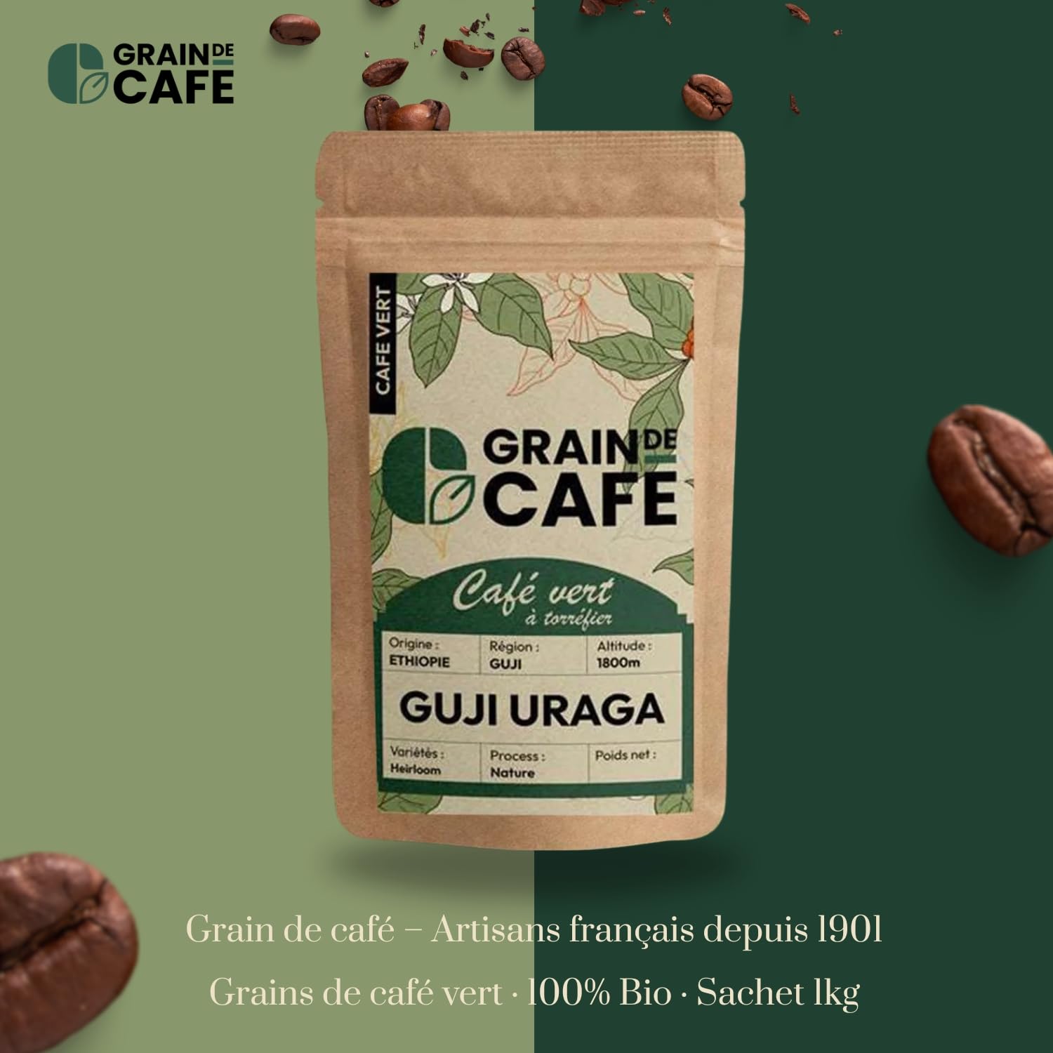 Graindecafé – Café Vert Éthiopie Guji Uraga 1kg | 100% Arabica Lavé Non Torréfié | Grand Cru Floral Et Vif | Notes De Bergamote Et Fleurs Blanches | Idéal Machine À Café Grain Une Fois Torréfié