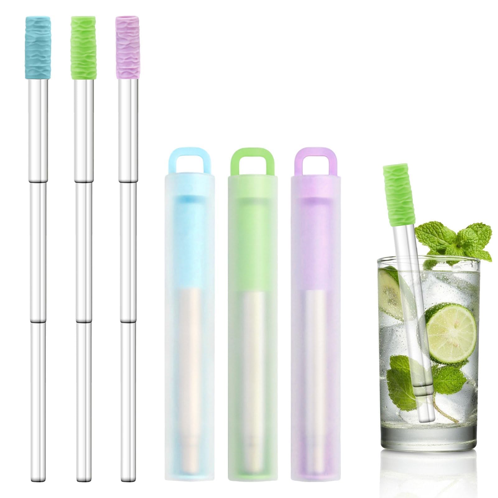 3Pcs Stainless Steel Straws with Silicone Tip,Portable Collapsible Metal Straws with Cleaning Brushand and Key Ring Case,Reusable StrawsDrinking Straws for Travel Home Office(3 Colors)