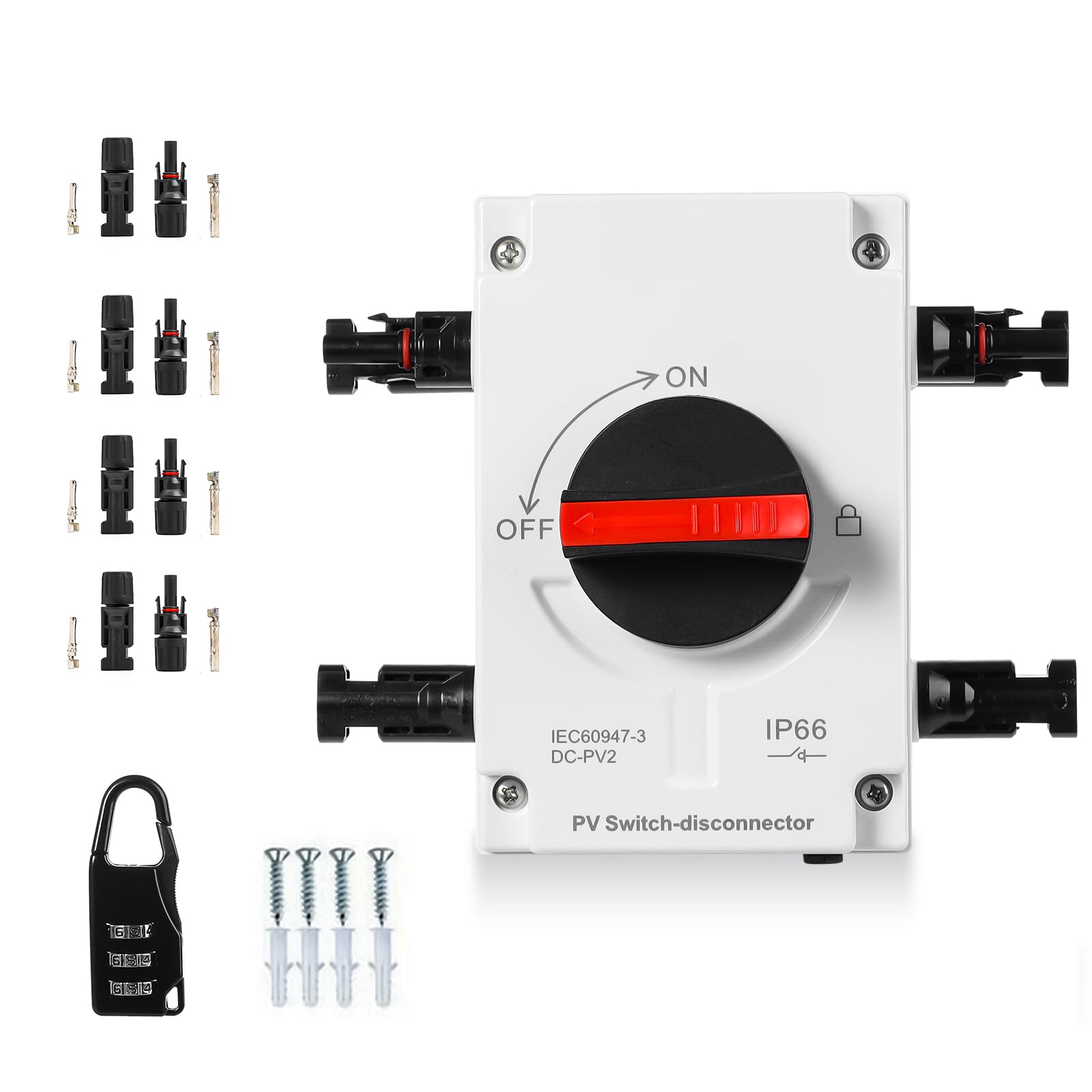 Solar DC Trennschalter 1000V 32A Two-in-Two-out MC4 Anschlusskasten IP66 Dichtungs-Photovoltaik Trennschalter für On/Off-Grid PV-Anlage Solaranlage